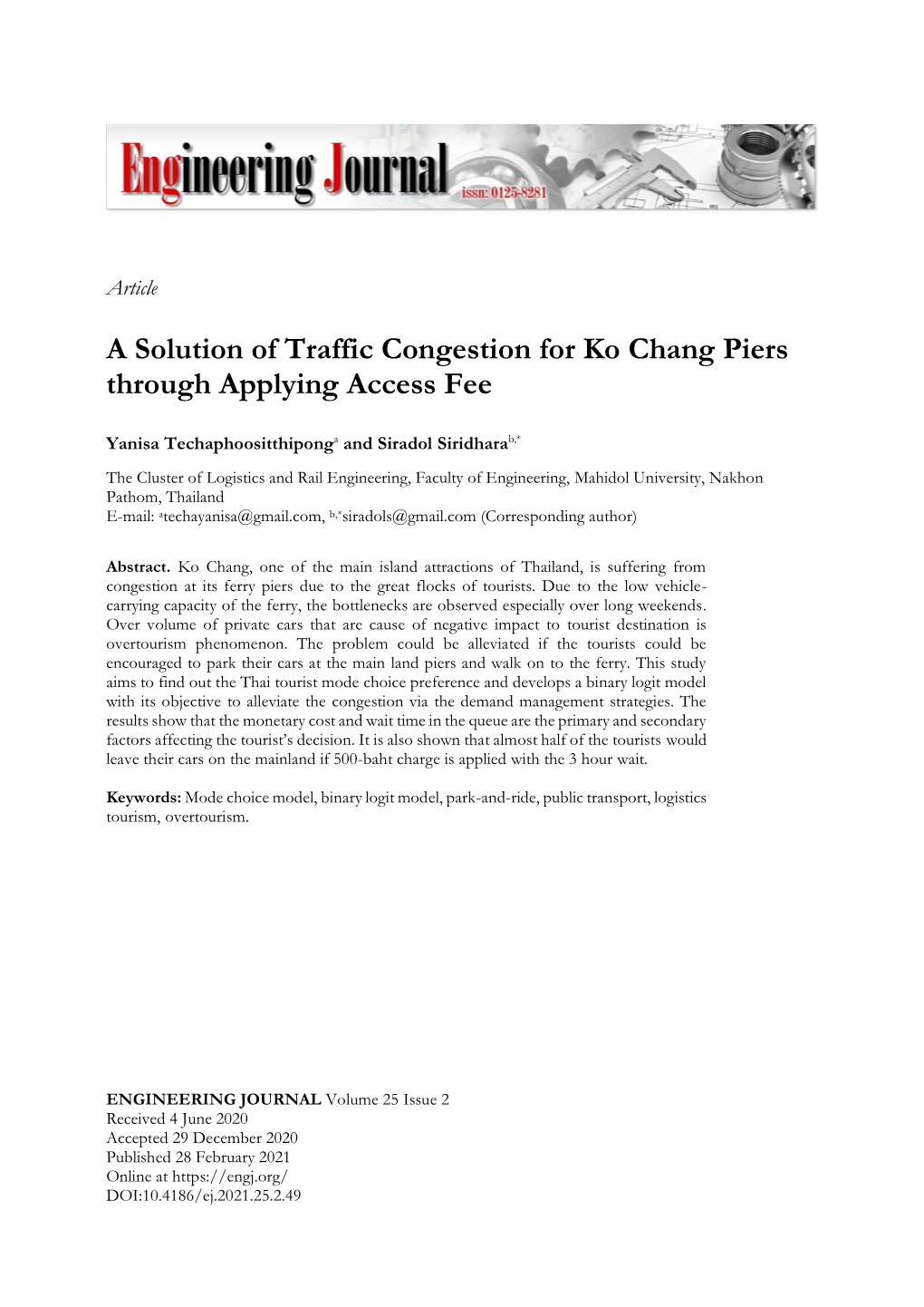 A Solution of Traffic Congestion for Ko Chang Piers Through Applying Access Fee