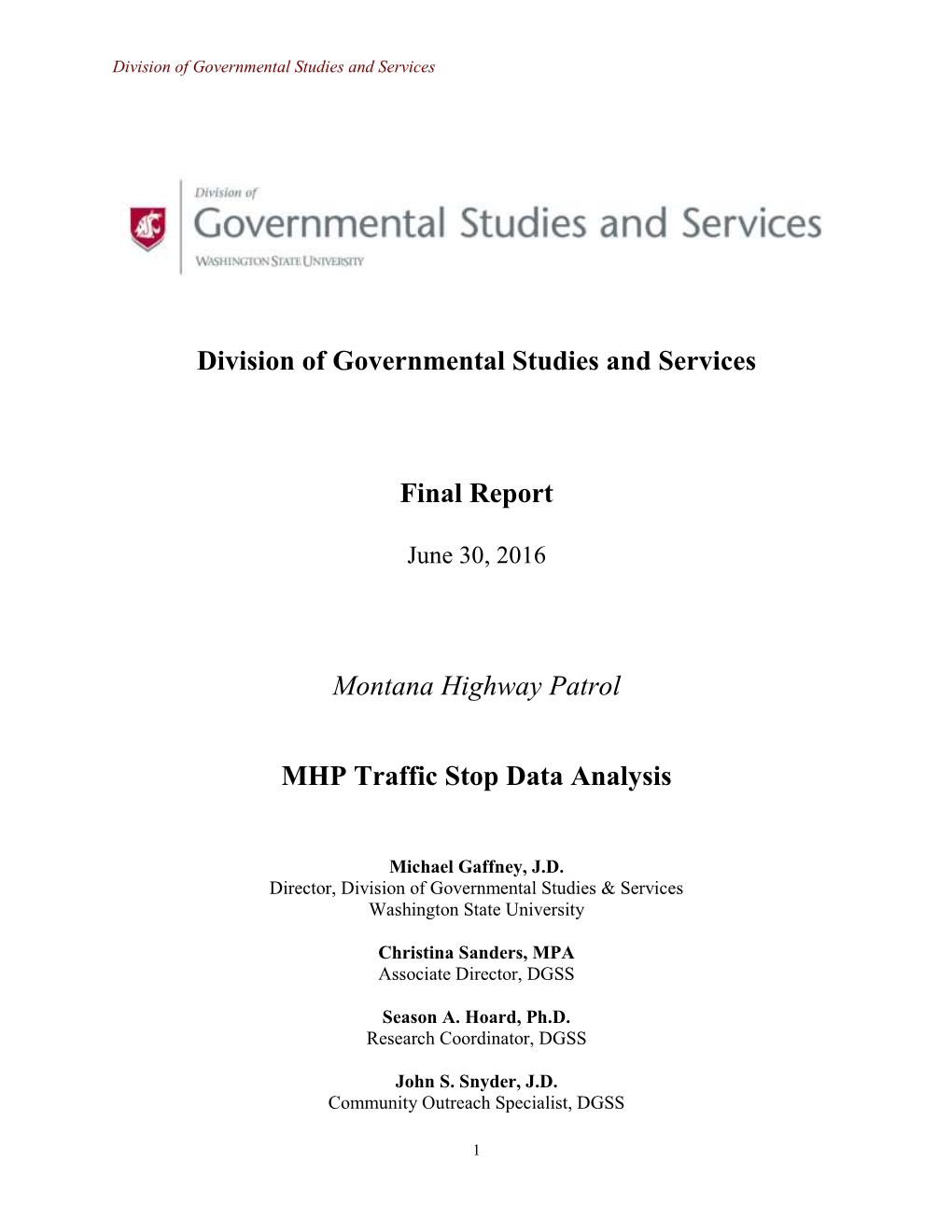 Division of Governmental Studies and Services Final Report Montana