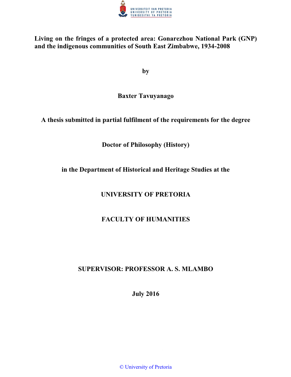 Gonarezhou National Park (GNP) and the Indigenous Communities of South East Zimbabwe, 1934-2008