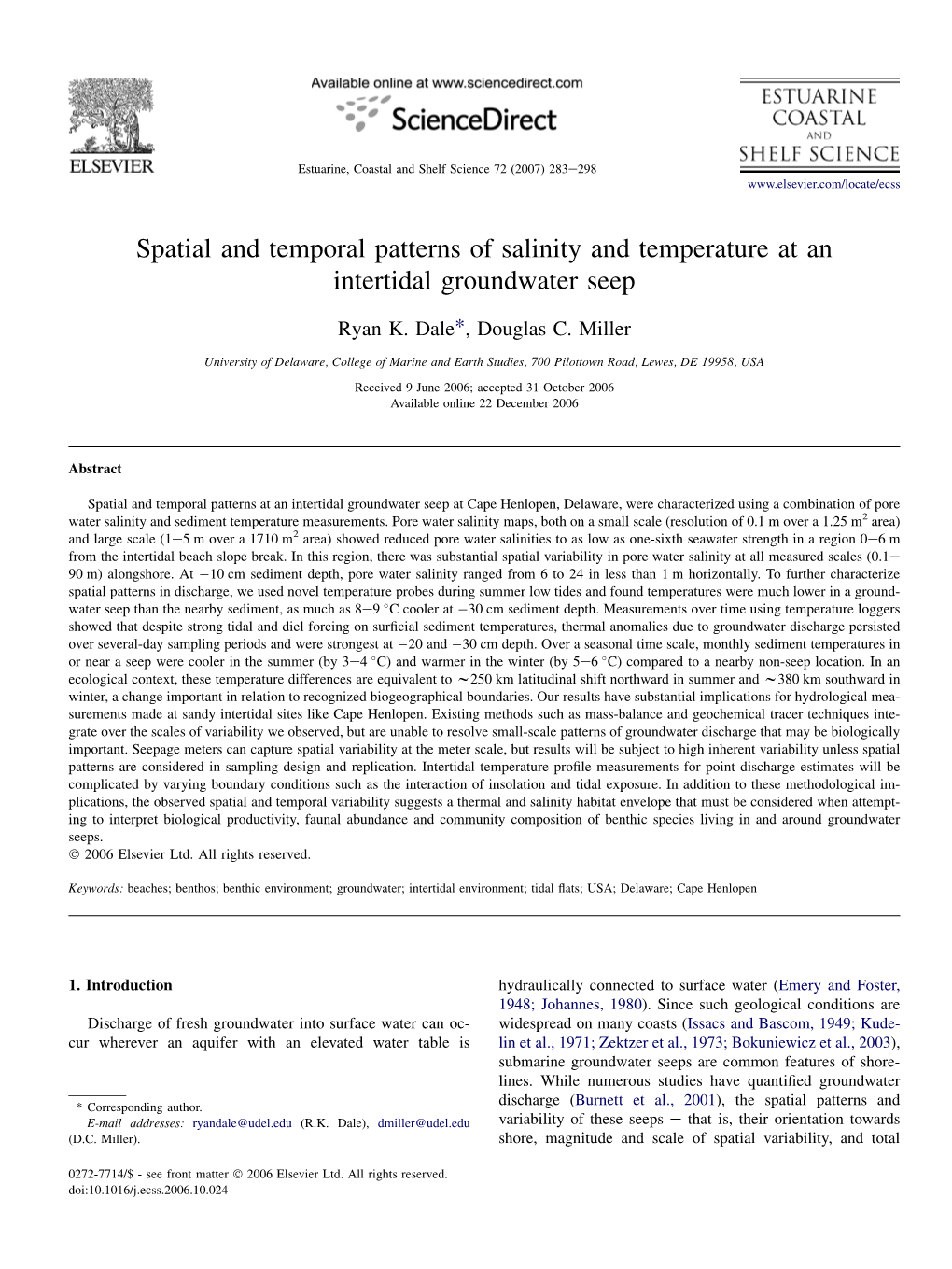 Spatial and Temporal Patterns of Salinity and Temperature at an Intertidal Groundwater Seep