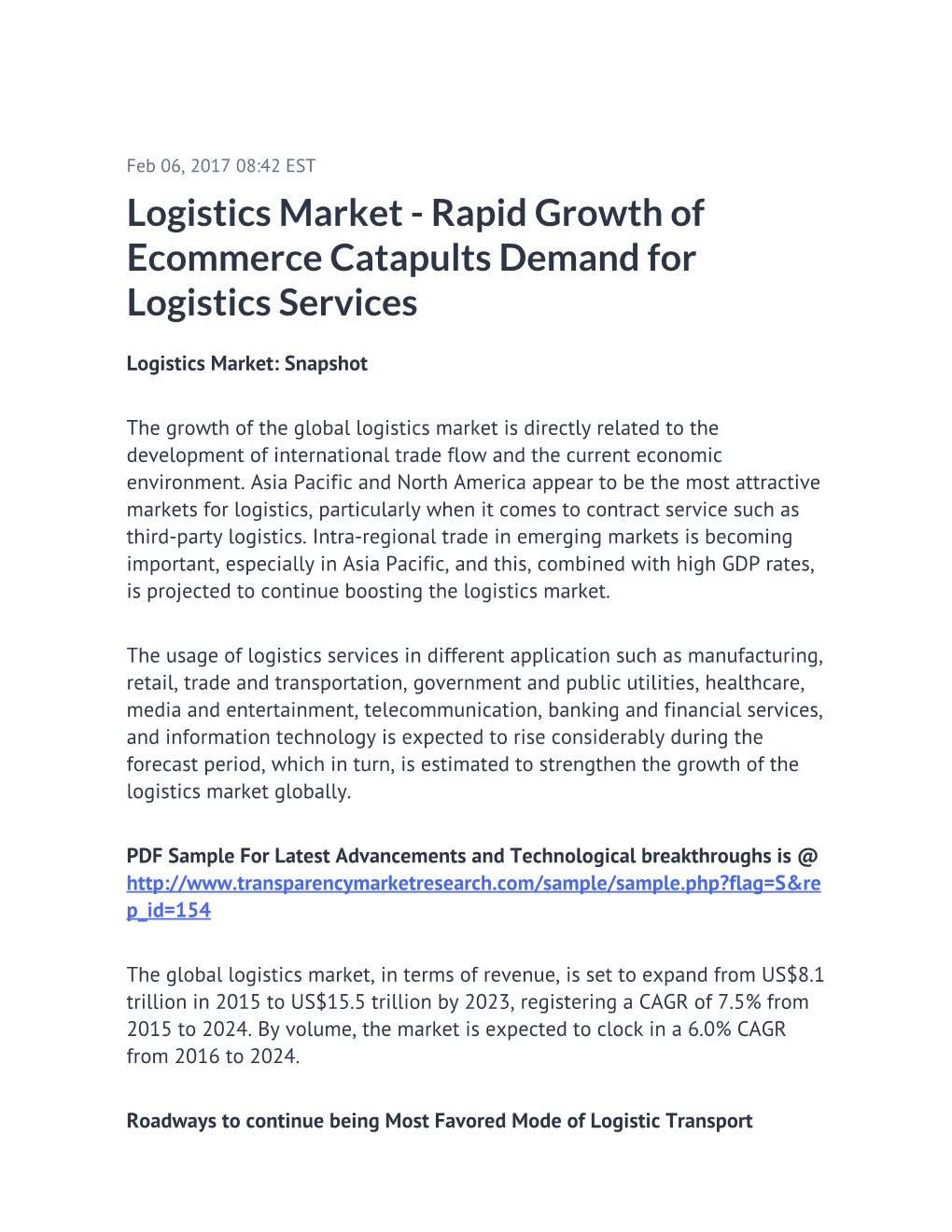 Logistics Market - Rapid Growth of Ecommerce Catapults Demand for Logistics Services