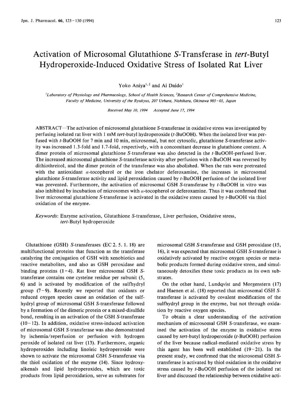 Activation of Microsomal Glutathione S-Transferase. in Tent-Butyl Hydroperoxide-Induced Oxidative Stress of Isolated Rat Liver