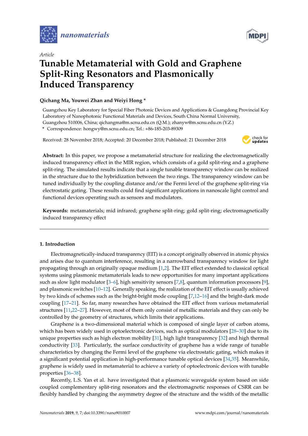 Tunable Metamaterial with Gold and Graphene Split-Ring Resonators and Plasmonically Induced Transparency