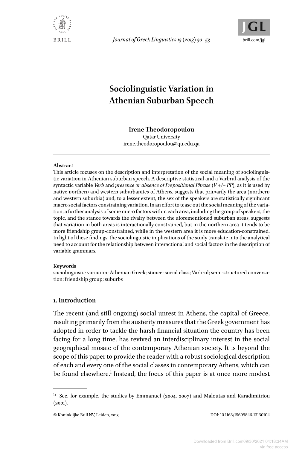 Sociolinguistic Variation in Athenian Suburban Speech
