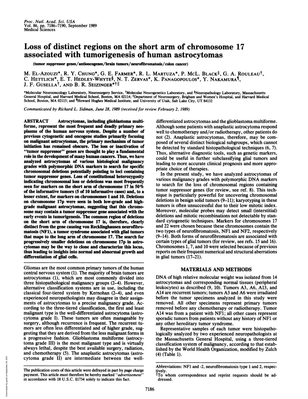 Associated with Tumorigenesis of Human Astrocytomas (Tumor Suppressor Genes/Antioncogenes/Brain Tumors/Neurofibromatosis/Colon Cancer) M