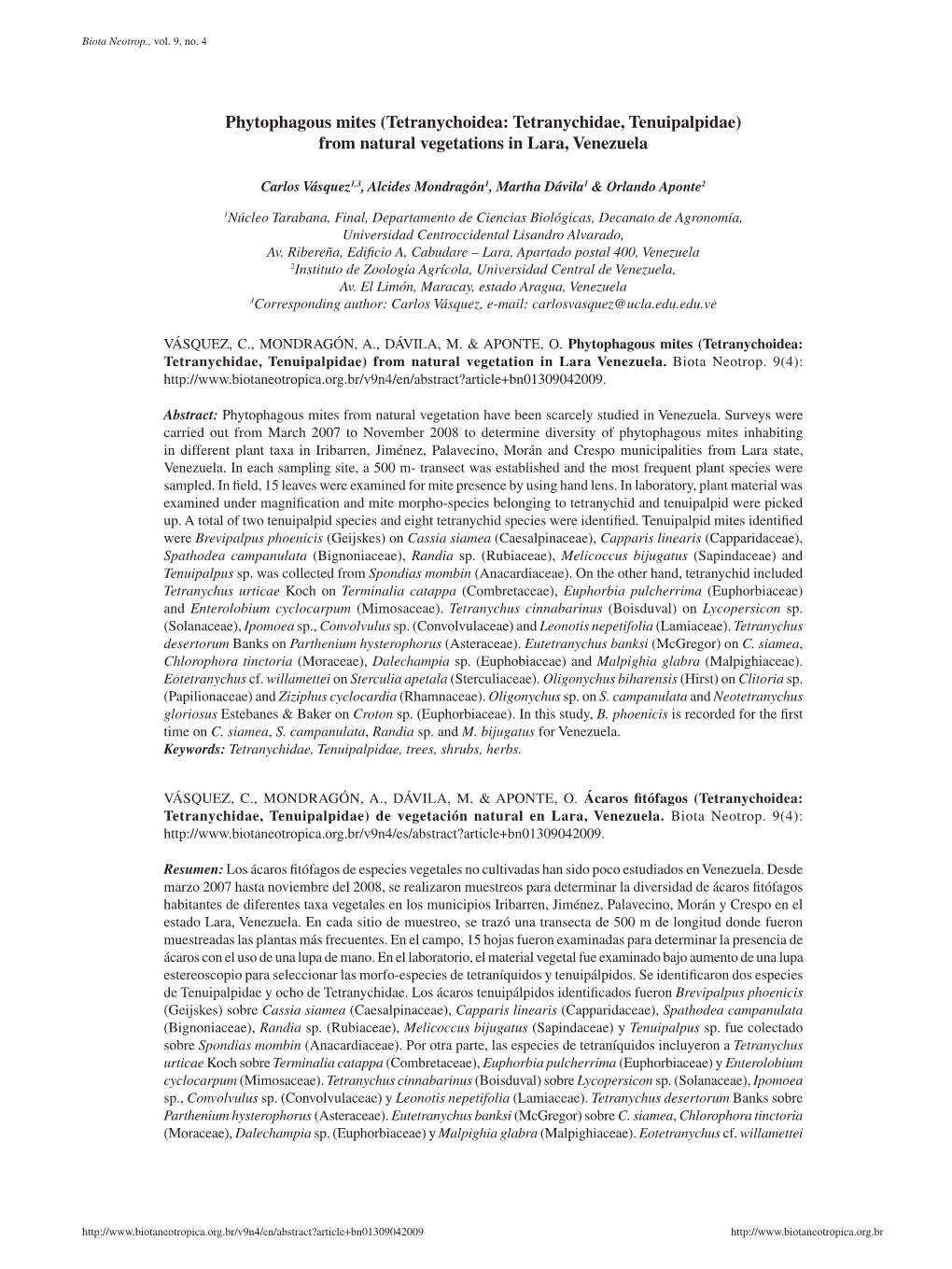 Phytophagous Mites (Tetranychoidea: Tetranychidae, Tenuipalpidae) from Natural Vegetations in Lara, Venezuela