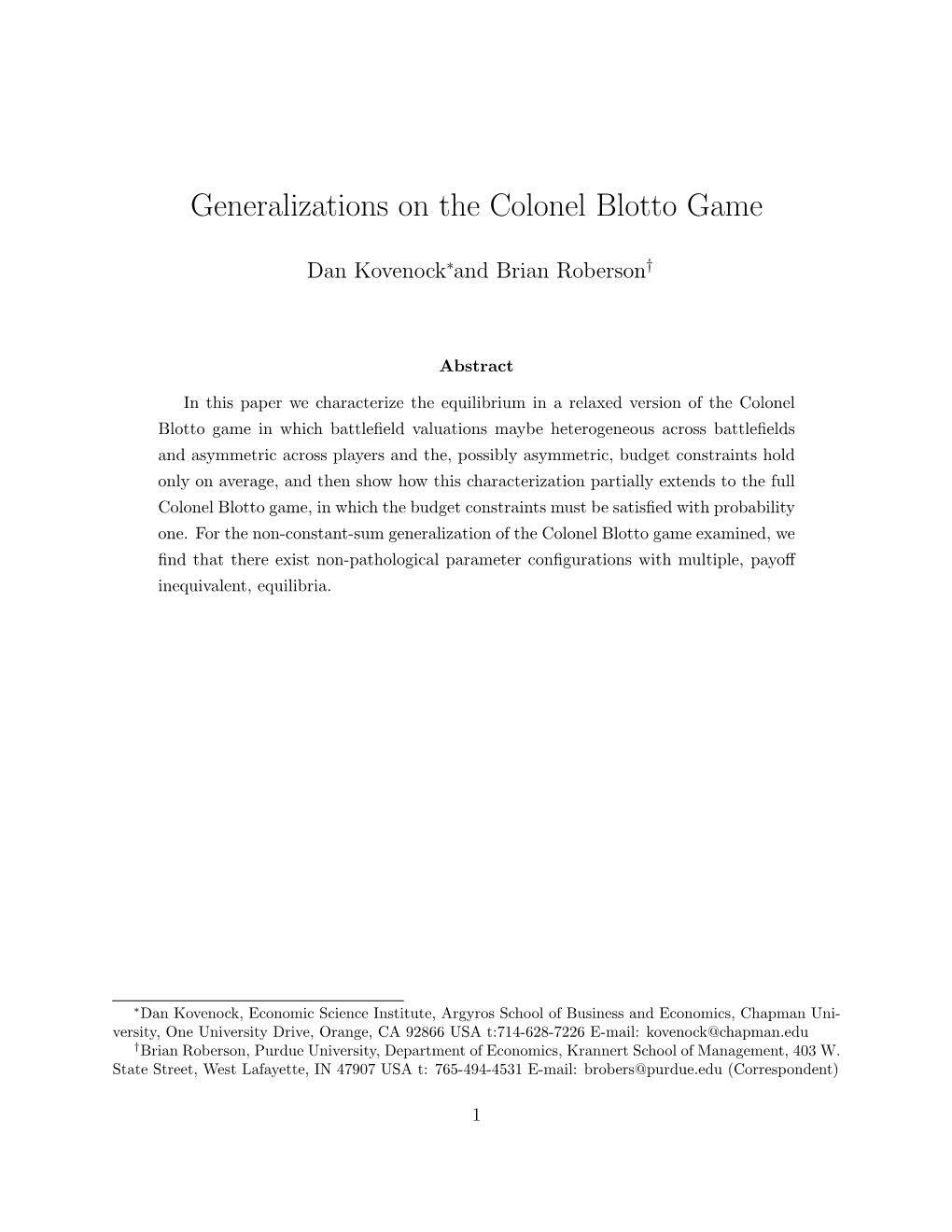 Generalizations on the Colonel Blotto Game