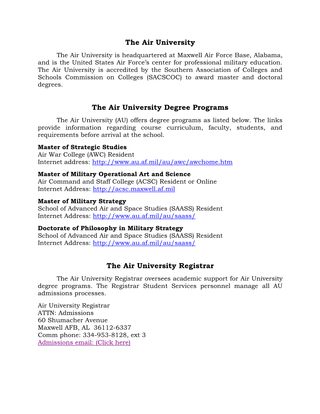 The Air University the Air University Degree Programs the Air