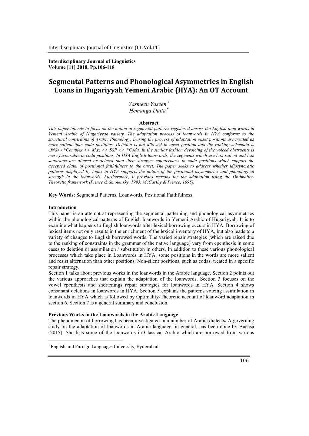 Segmental Patterns and Phonological Asymmetries in English Loans in Hugariyyah Yemeni Arabic (HYA): an OT Account