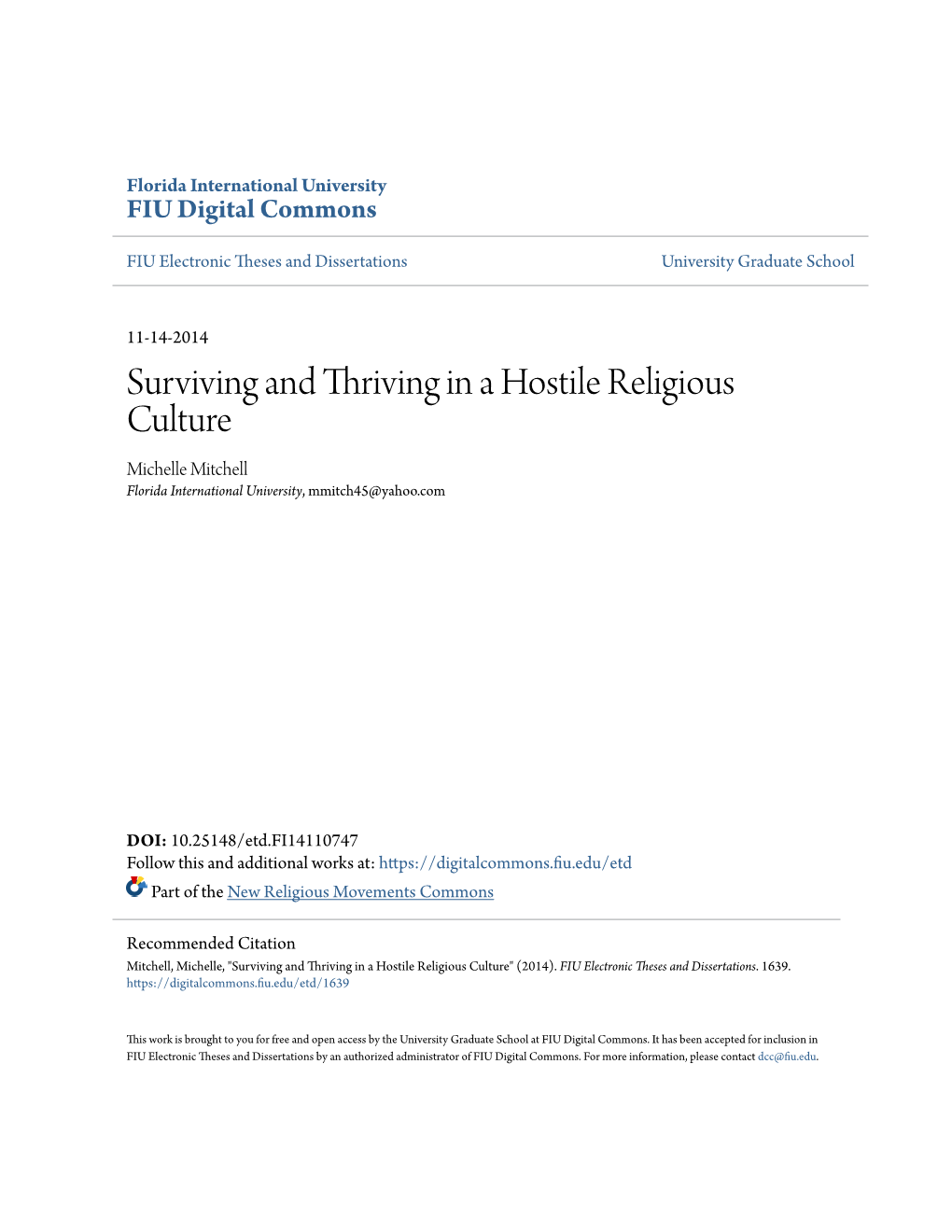 Surviving and Thriving in a Hostile Religious Culture Michelle Mitchell Florida International University, Mmitch45@Yahoo.Com