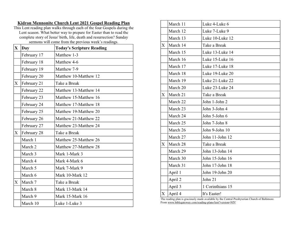 Kidron Mennonite Church Lent 2021 Gospel Reading Plan X Day