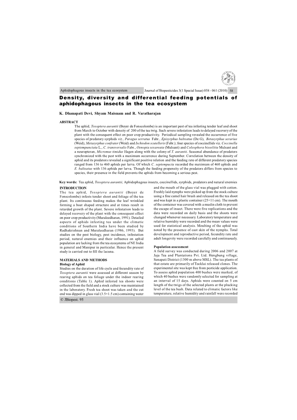 Density, Diversity and Differential Feeding Potentials of Aphidophagous Insects in the Tea Ecosystem