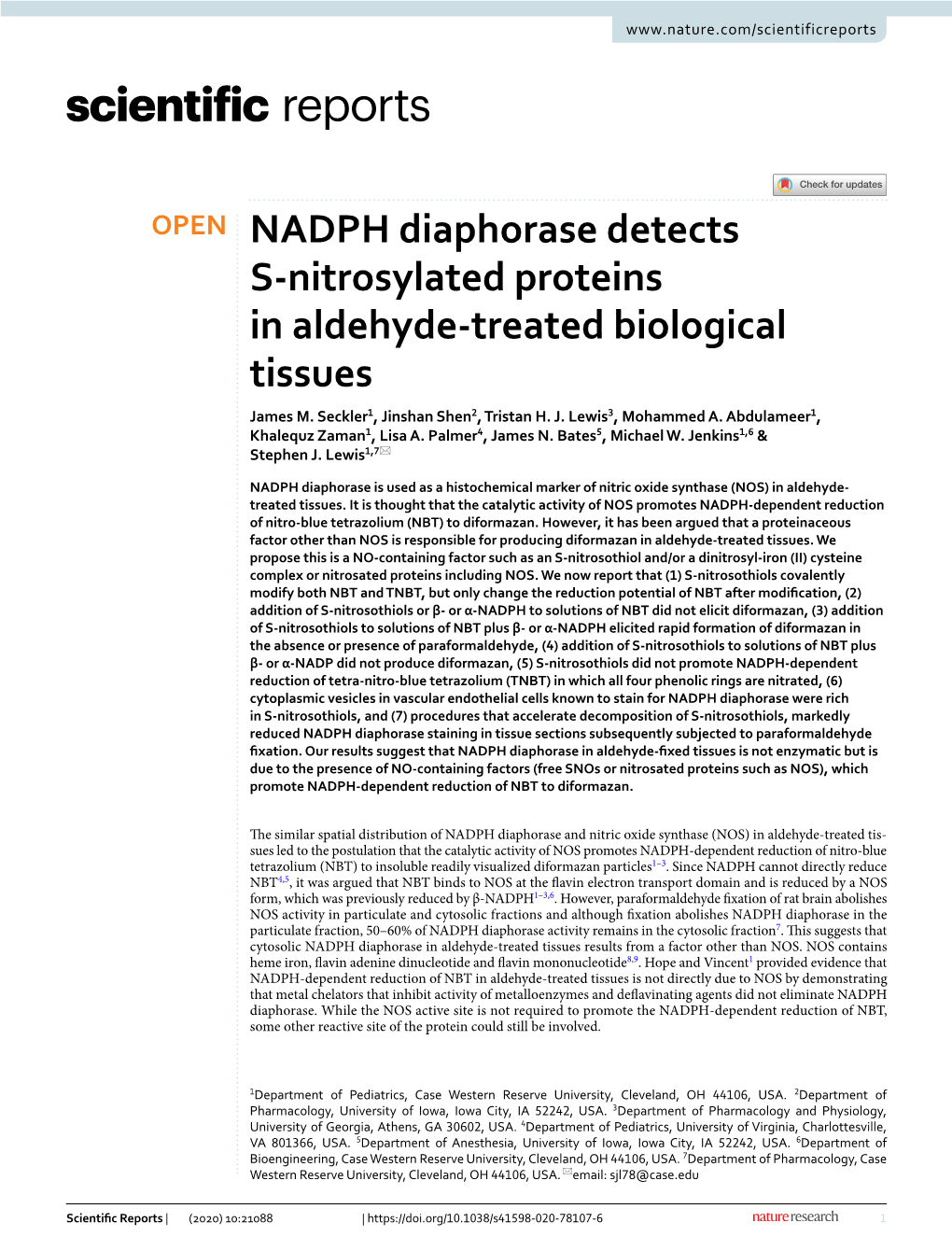 NADPH Diaphorase Detects S-Nitrosylated Proteins in Aldehyde-Treated Biological Tissues