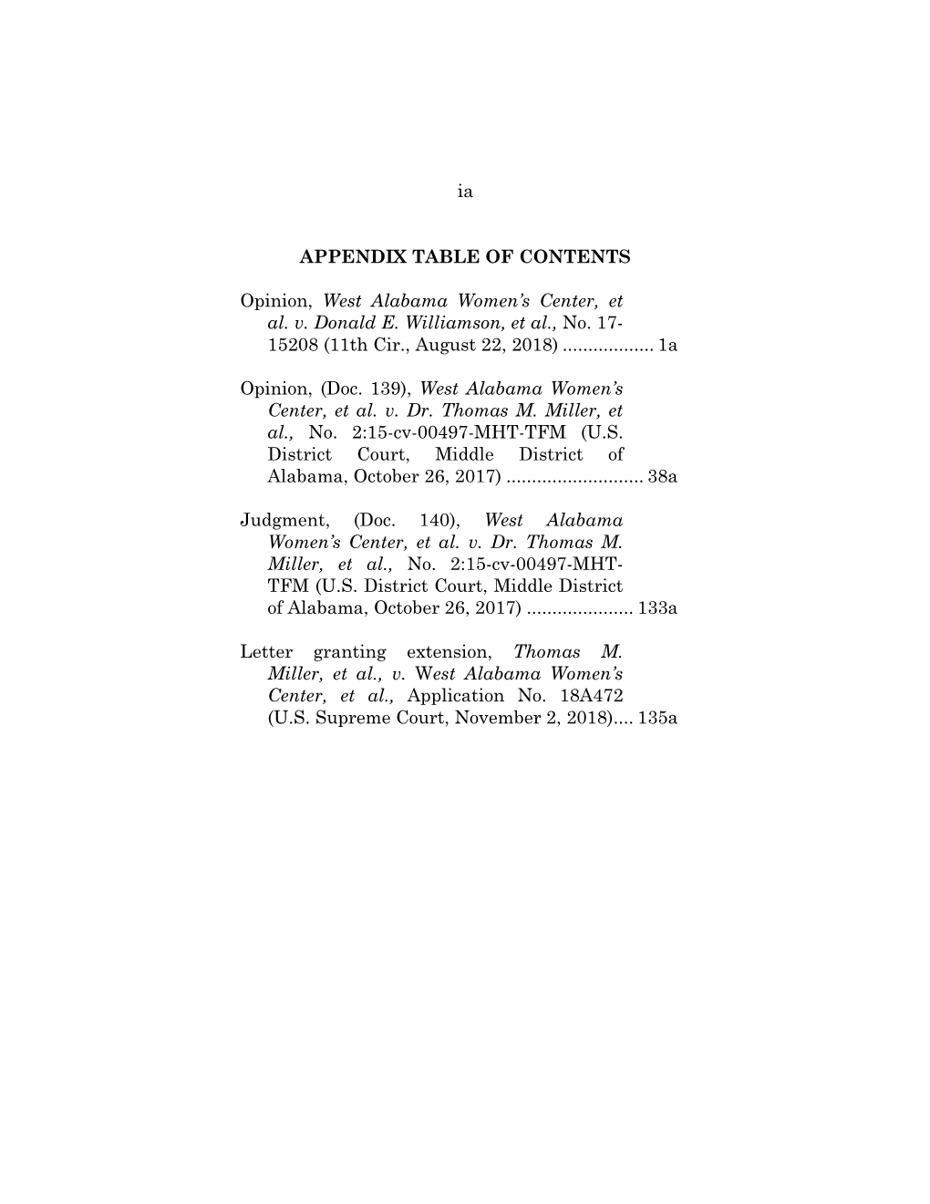 Ia APPENDIX TABLE of CONTENTS Opinion, West Alabama Women's