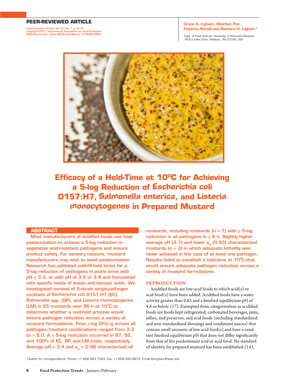 Efficacy of a Hold-Time at 10OC for Achieving a 5-Log Reduction of Escherichia Coli O157:H7, Salmonella Enterica, and Listeria Monocytogenes in Prepared Mustard