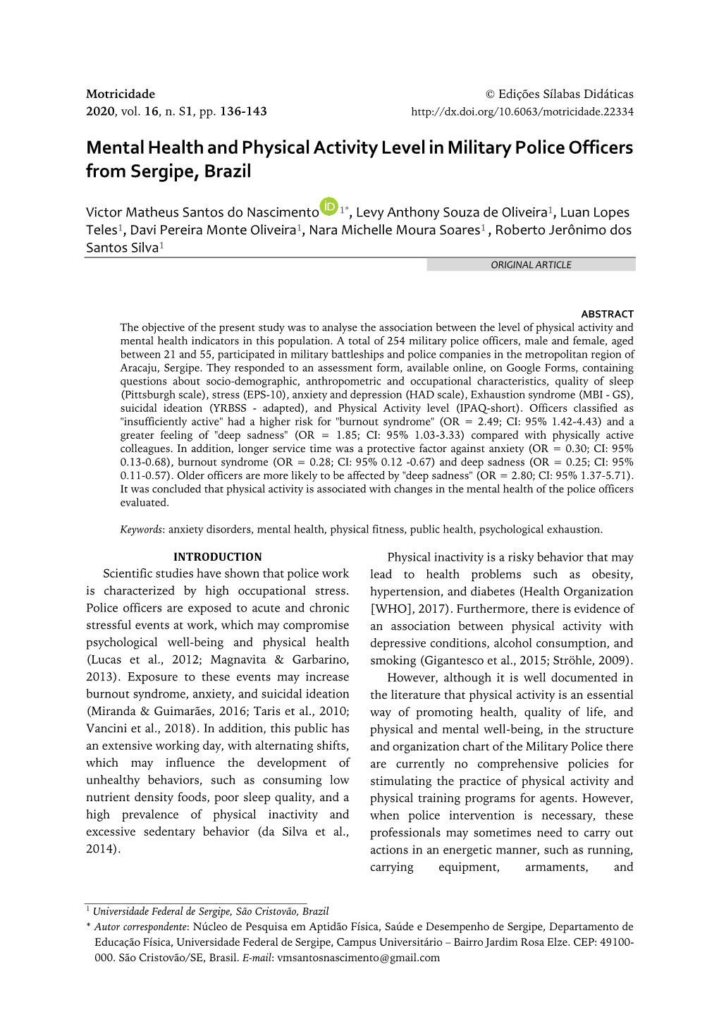 Mental Health and Physical Activity Level in Military Police Officers from Sergipe, Brazil