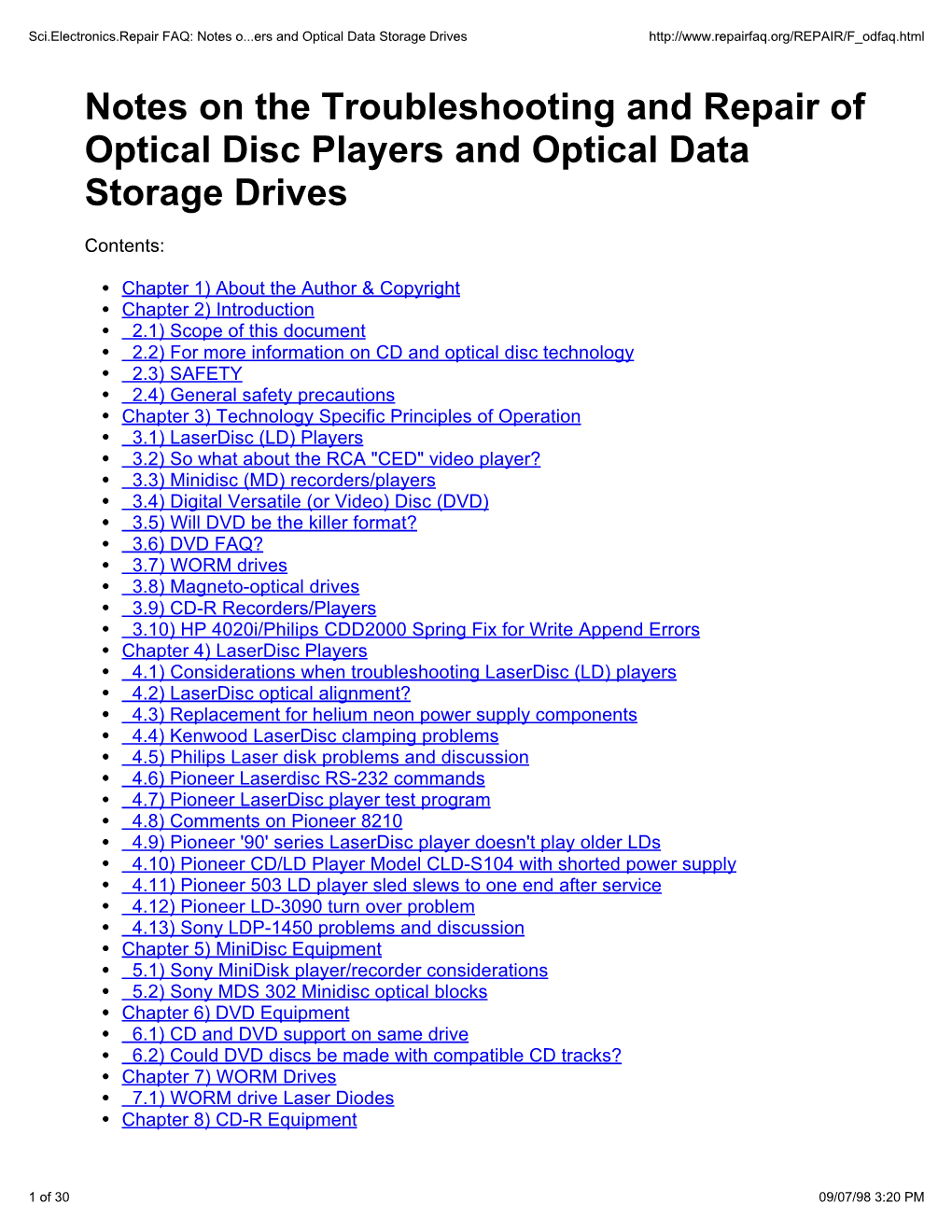 Notes on the Troubleshooting and Repair of Optical Disc Players and Optical Data Storage Drives