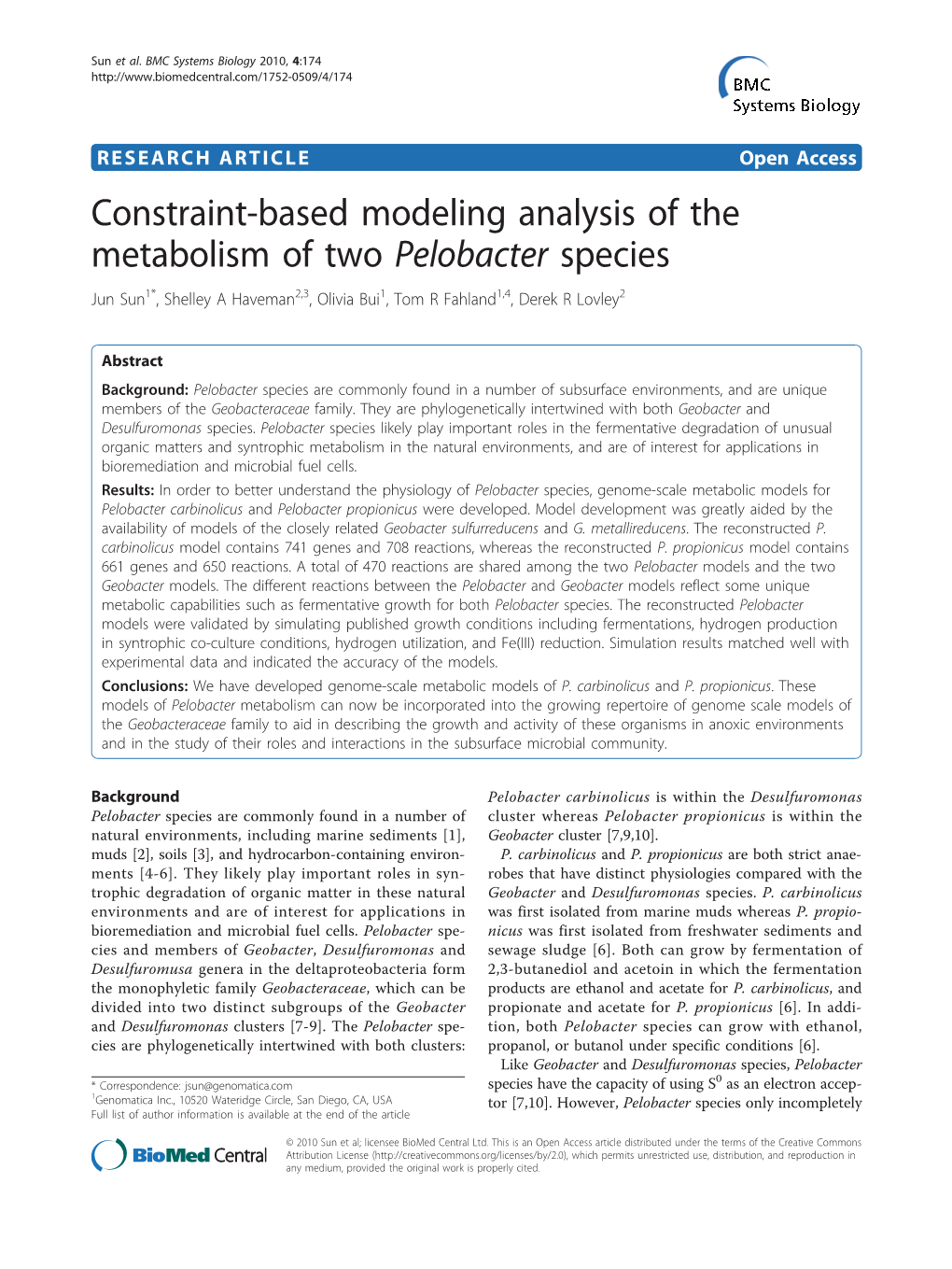 Constraint-Based Modeling Analysis of the Metabolism of Two Pelobacter Species Jun Sun1*, Shelley a Haveman2,3, Olivia Bui1, Tom R Fahland1,4, Derek R Lovley2