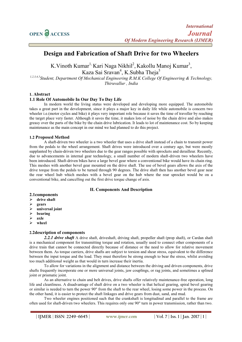 Design and Fabrication of Shaft Drive for Two Wheelers