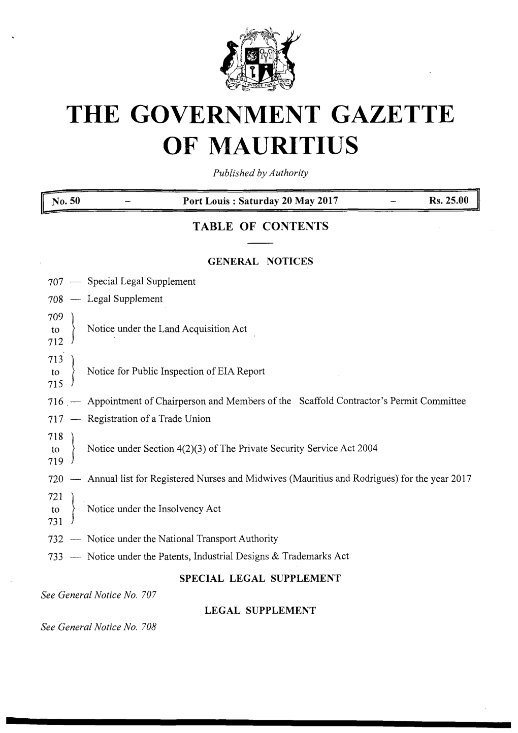 THE GOVERNMENT GAZETTE of MAURITIUS Published by Authority