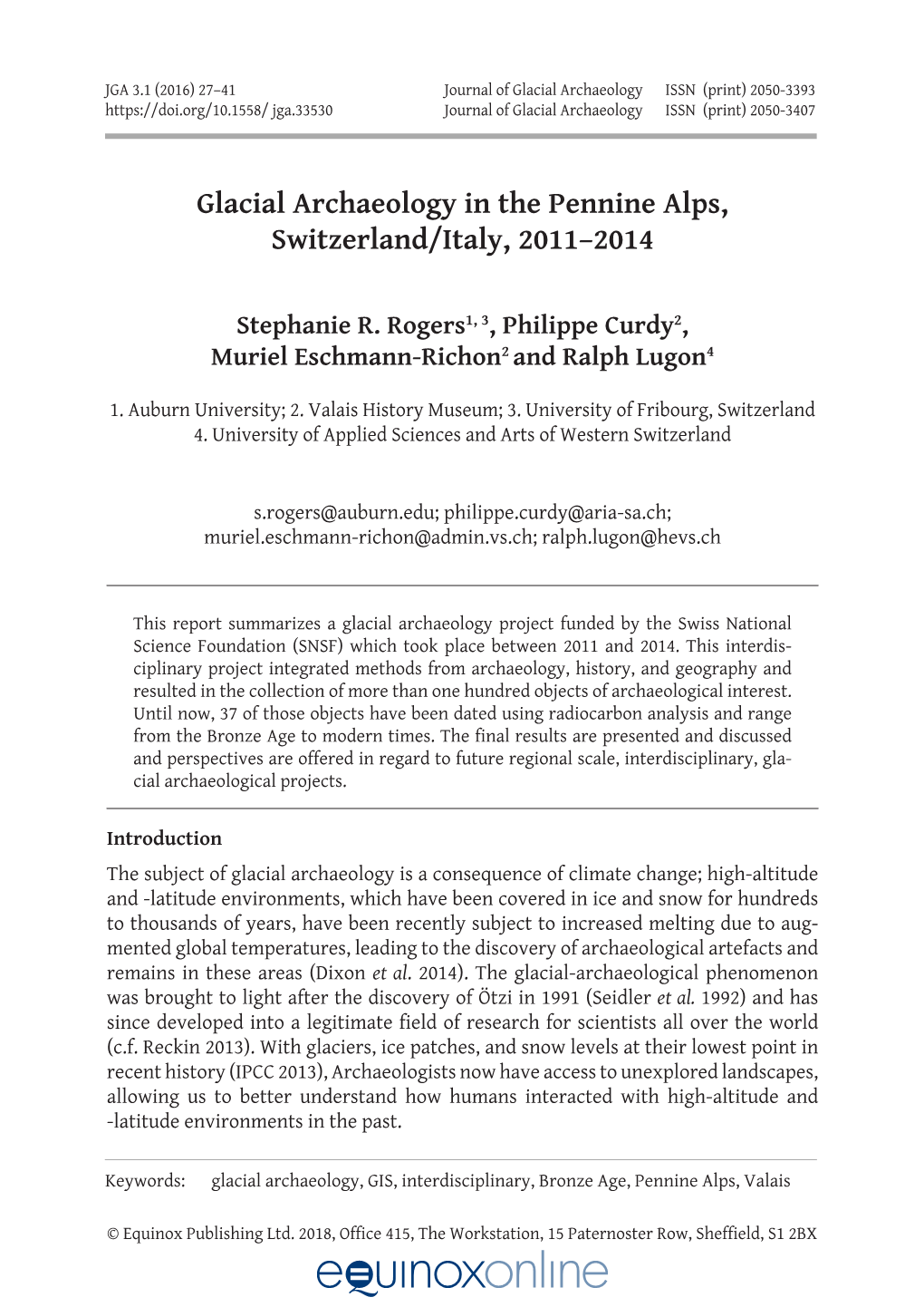 Glacial Archaeology in the Pennine Alps, Switzerland/Italy, 2011–2014