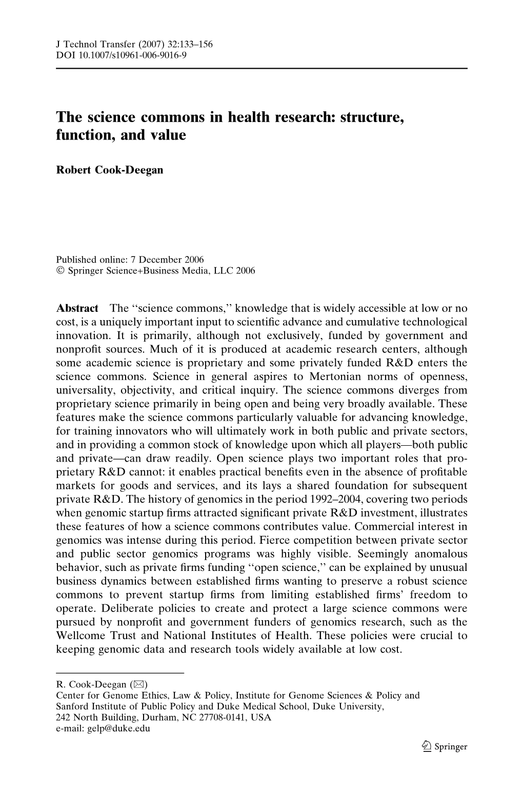 The Science Commons in Health Research: Structure, Function, and Value