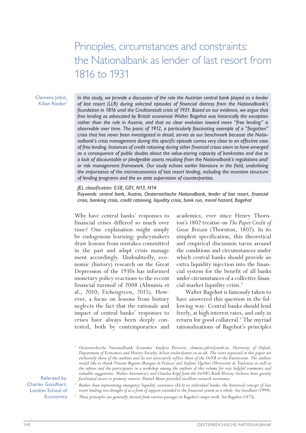 Principles, Circumstances and Constraints: the Nationalbank As Lender of Last Resort from 1816 to 1931