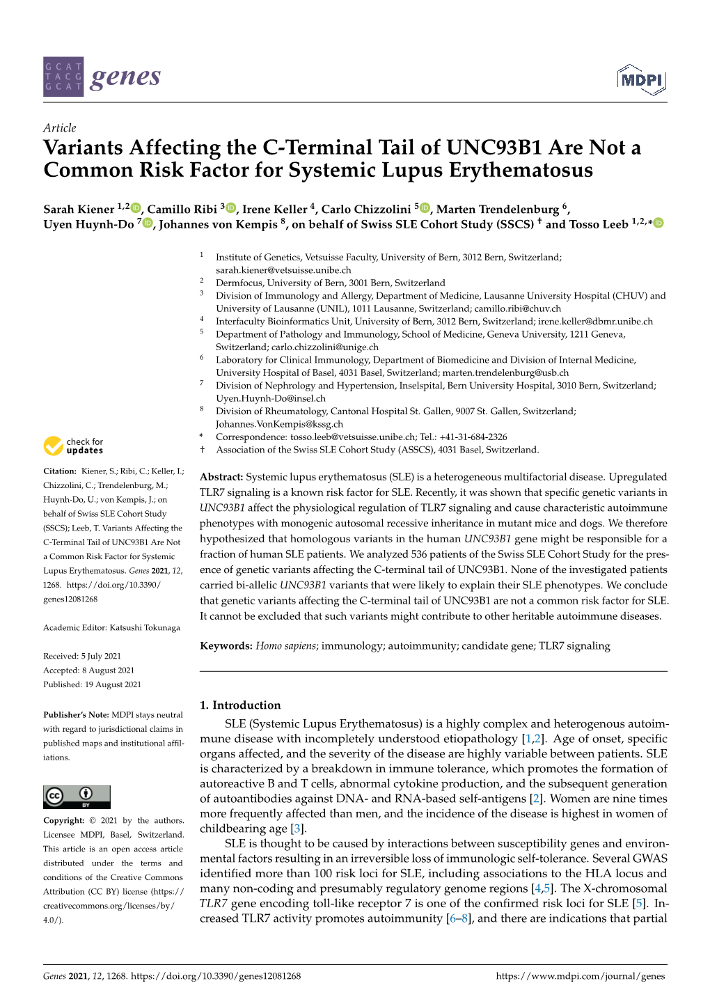 Variants Affecting the C-Terminal Tail of UNC93B1 Are Not a Common Risk Factor for Systemic Lupus Erythematosus