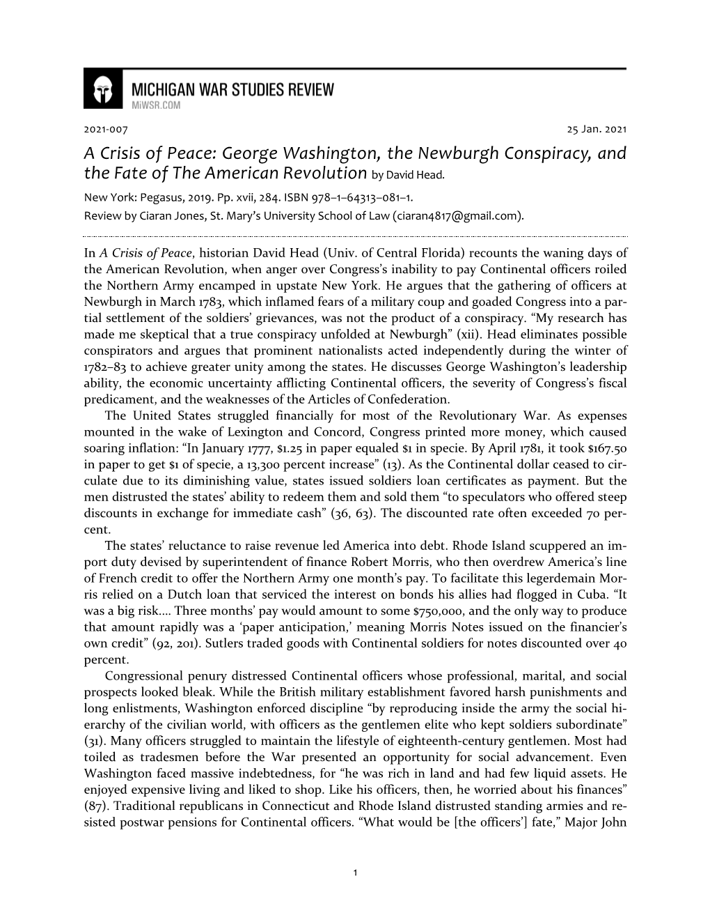 George Washington, the Newburgh Conspiracy, and the Fate of the American Revolution by David Head