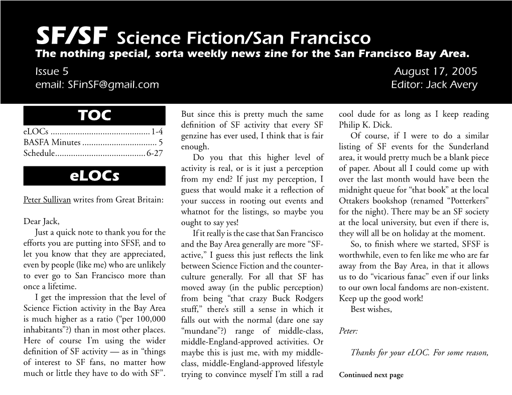 SF/SF Science Fiction/San Francisco the Nothing Special, Sorta Weekly News Zine for the San Francisco Bay Area