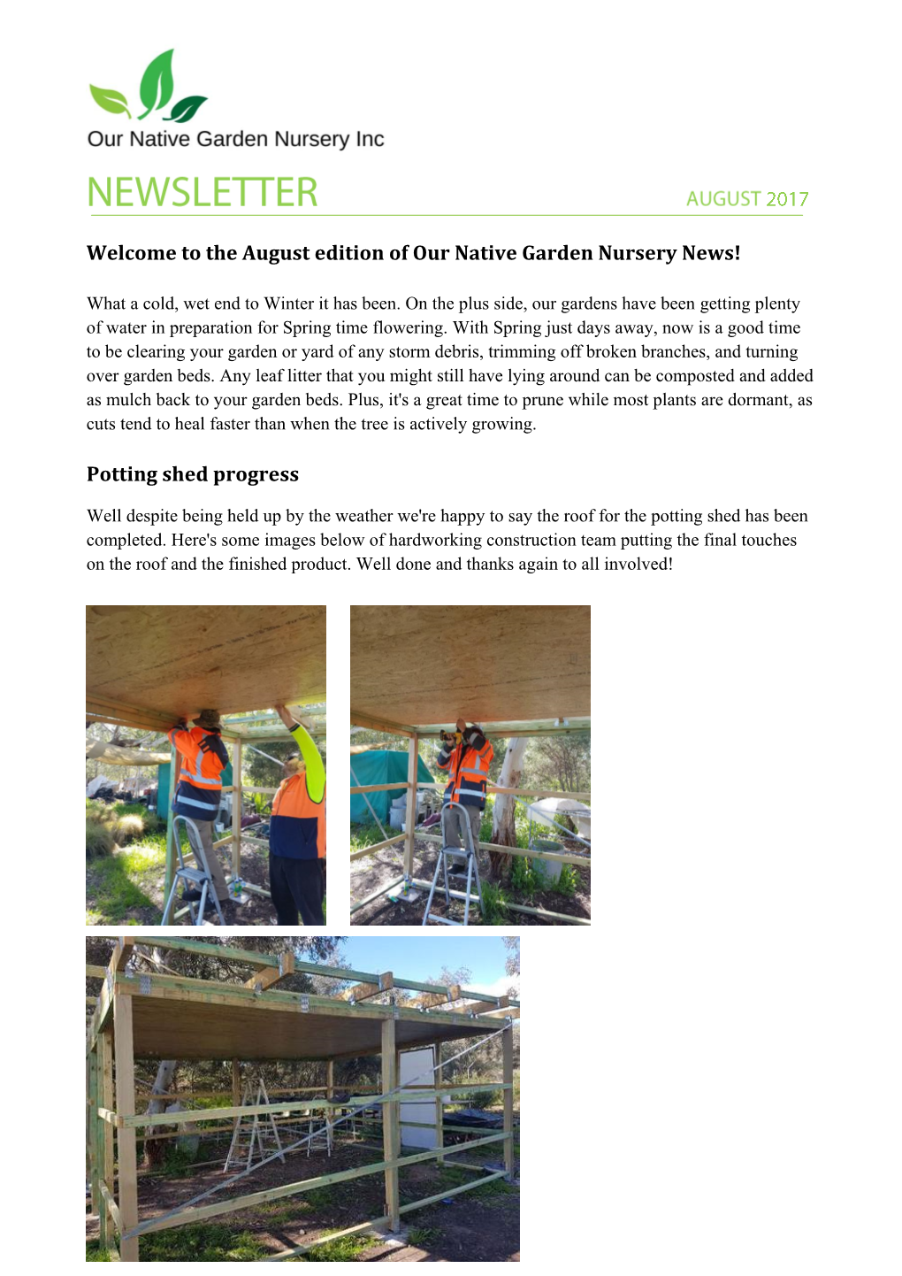 The August Edition of Our Native Garden Nursery News! Potting Shed