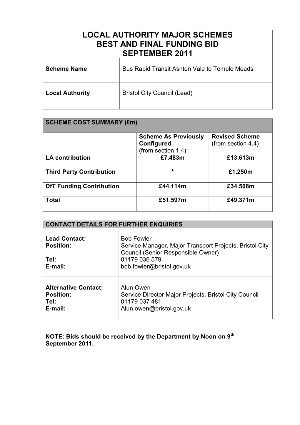 Ashton Vale to Temple Meads Best and Final Bid Download