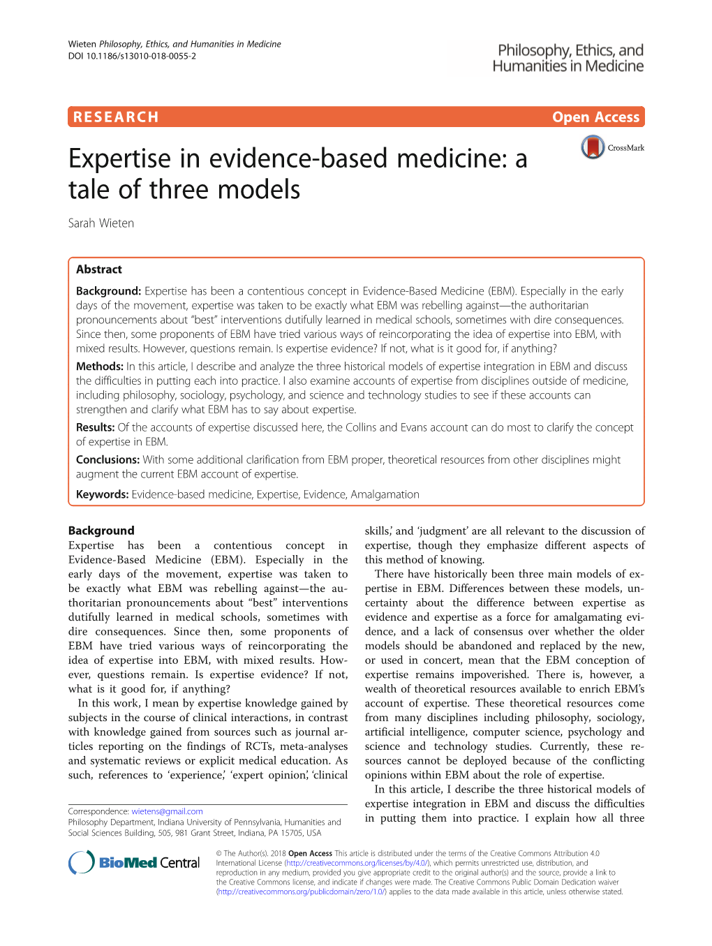 Expertise in Evidence-Based Medicine: a Tale of Three Models Sarah Wieten