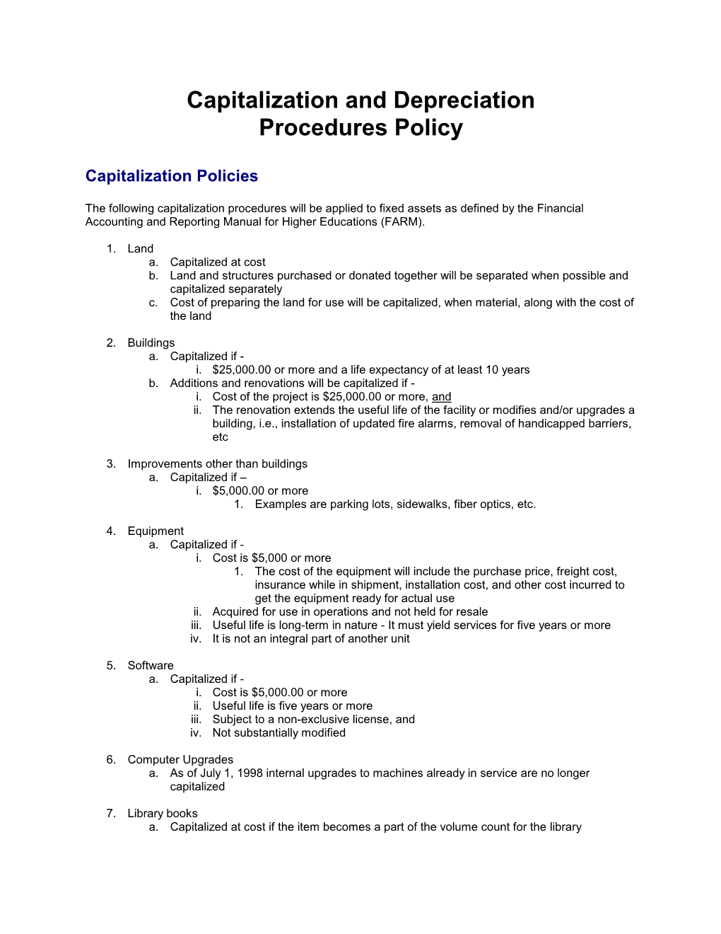 Capitalization and Depreciation Procedures Policy