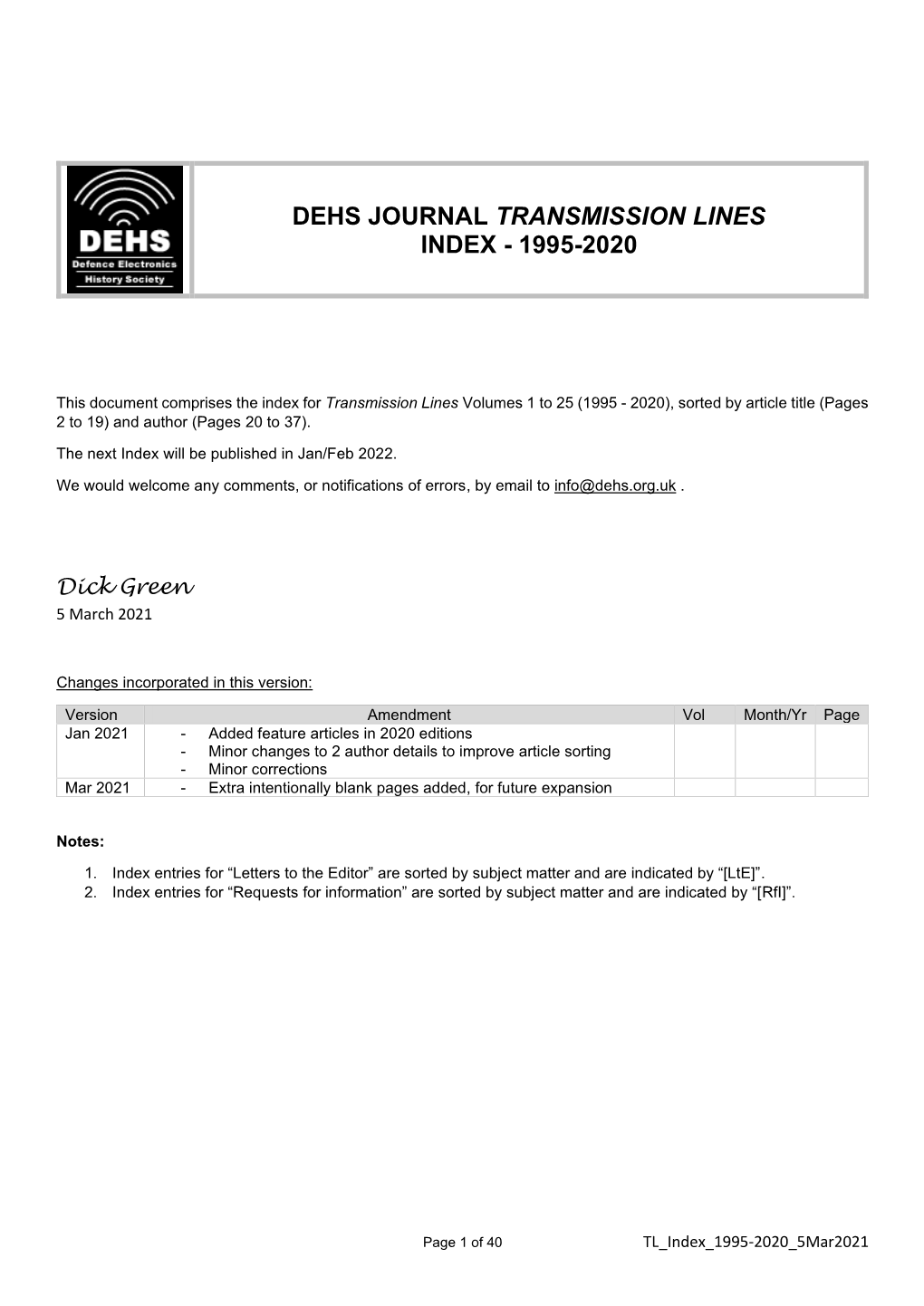 Dehs Journal Transmission Lines Index - 1995-2020