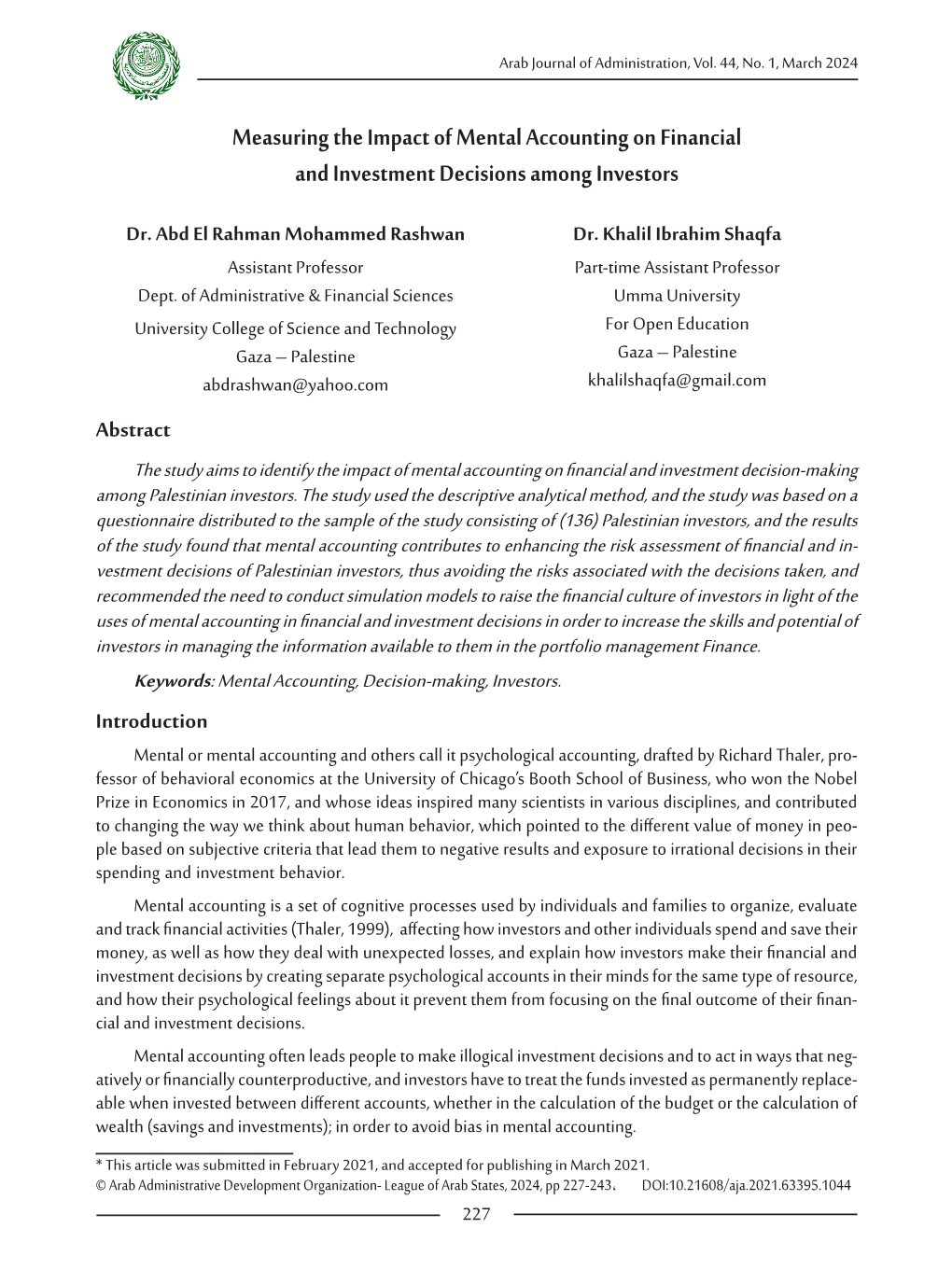 Measuring the Impact of Mental Accounting on Financial and Investment Decisions Among Investors