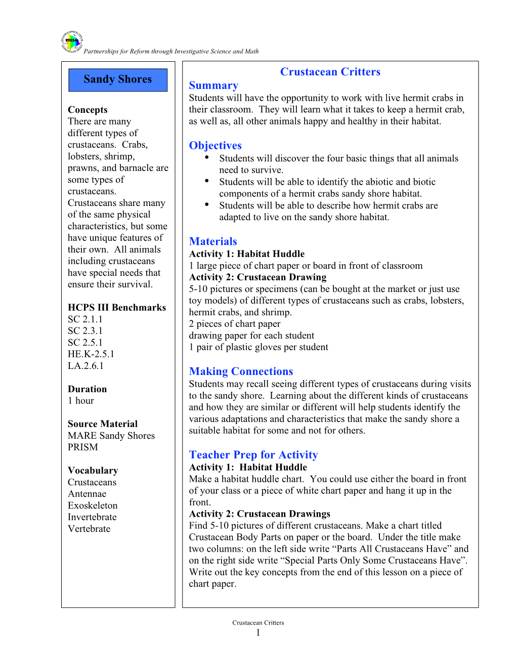 Crustacean Critters Summary Objectives Materials Making Connections Teacher Prep for Activity Sandy Shores