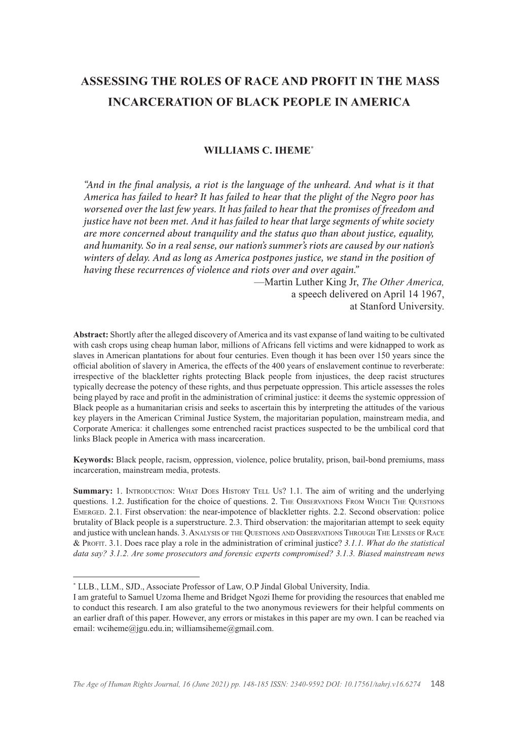 Assessing the Roles of Race and Profit in the Mass Incarceration of Black People in America