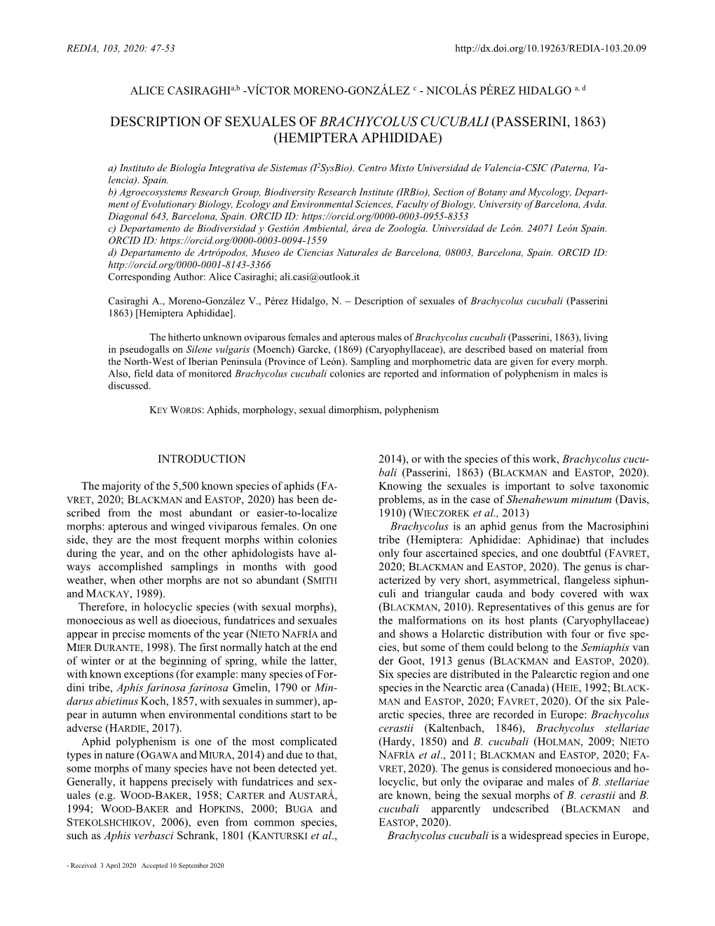 Description of Sexuales of Brachycolus Cucubali (Passerini, 1863) (Hemiptera Aphididae)