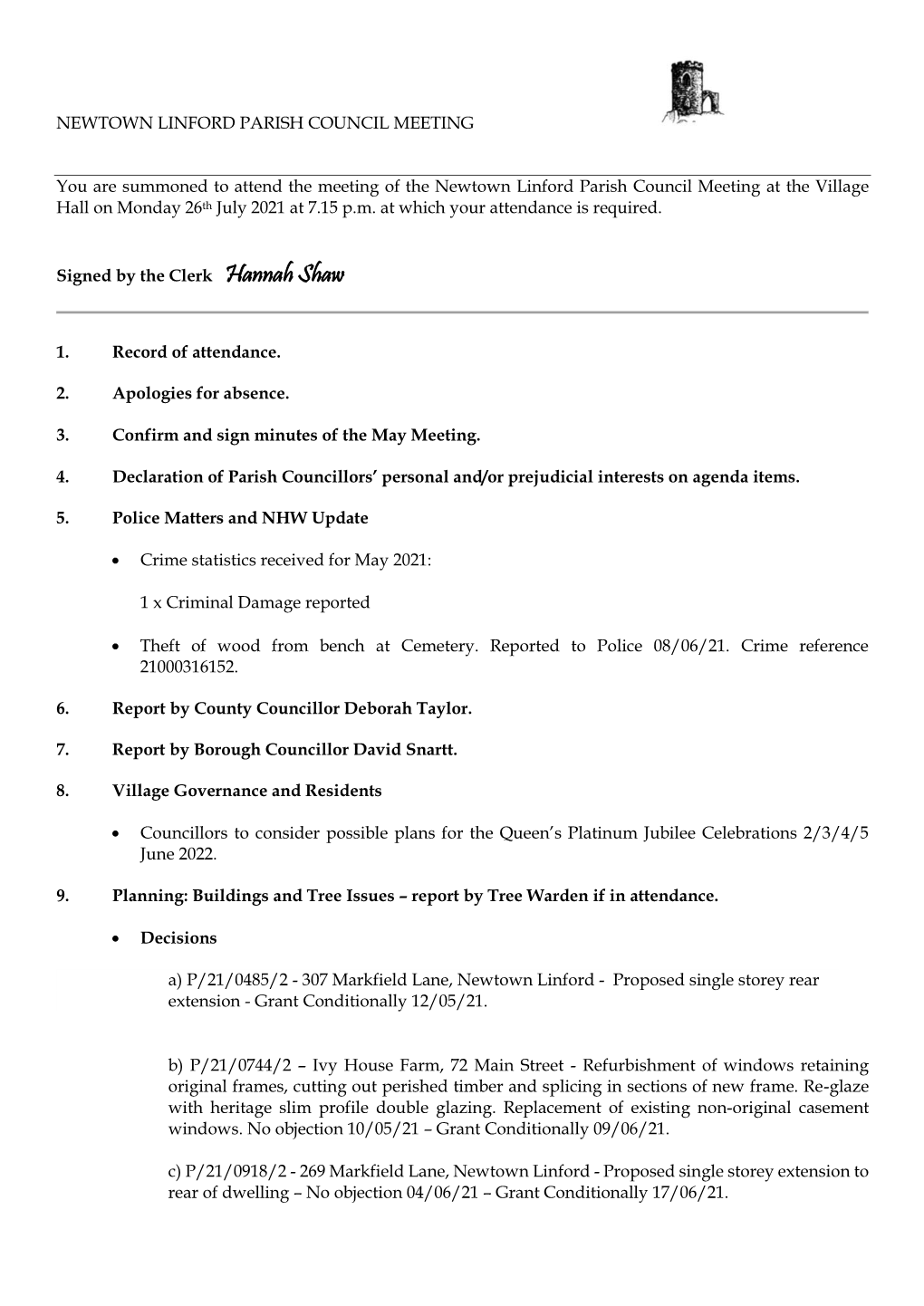 Agenda of the Parish Council Meeting