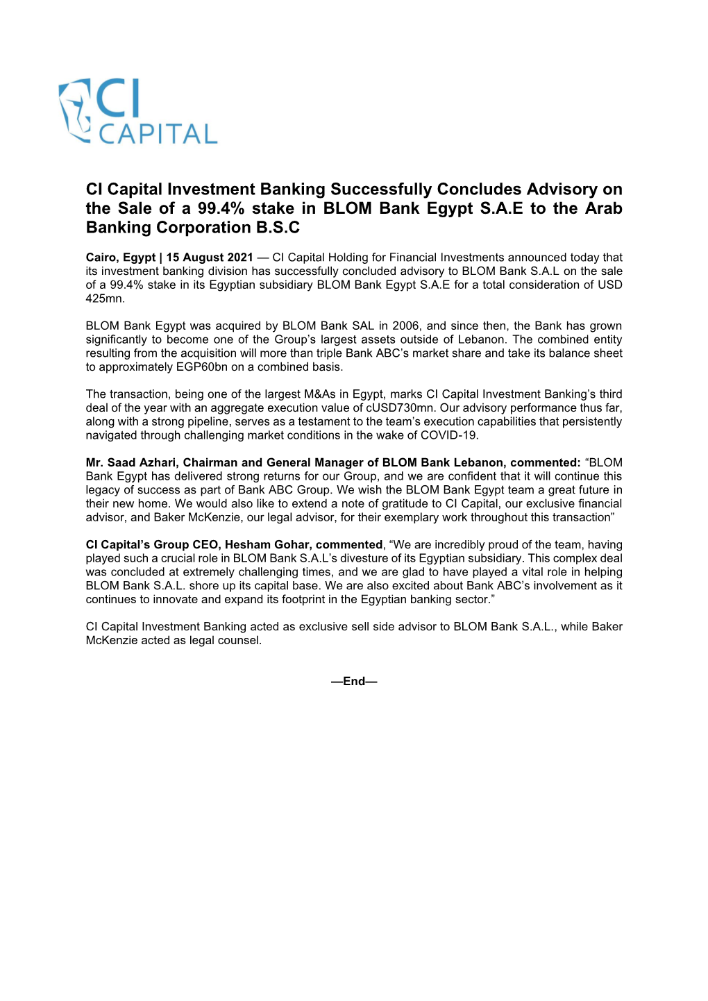 CI Capital Investment Banking Successfully Concludes Advisory on the Sale of a 99.4% Stake in BLOM Bank Egypt S.A.E to the Arab Banking Corporation B.S.C