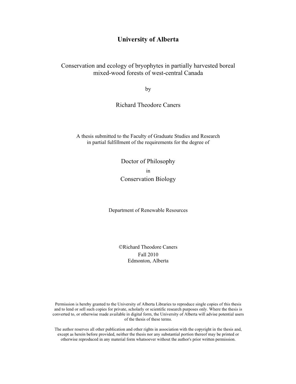 Conservation and Ecology of Bryophytes in Partially Harvested Boreal Mixed-Wood Forests of West-Central Canada