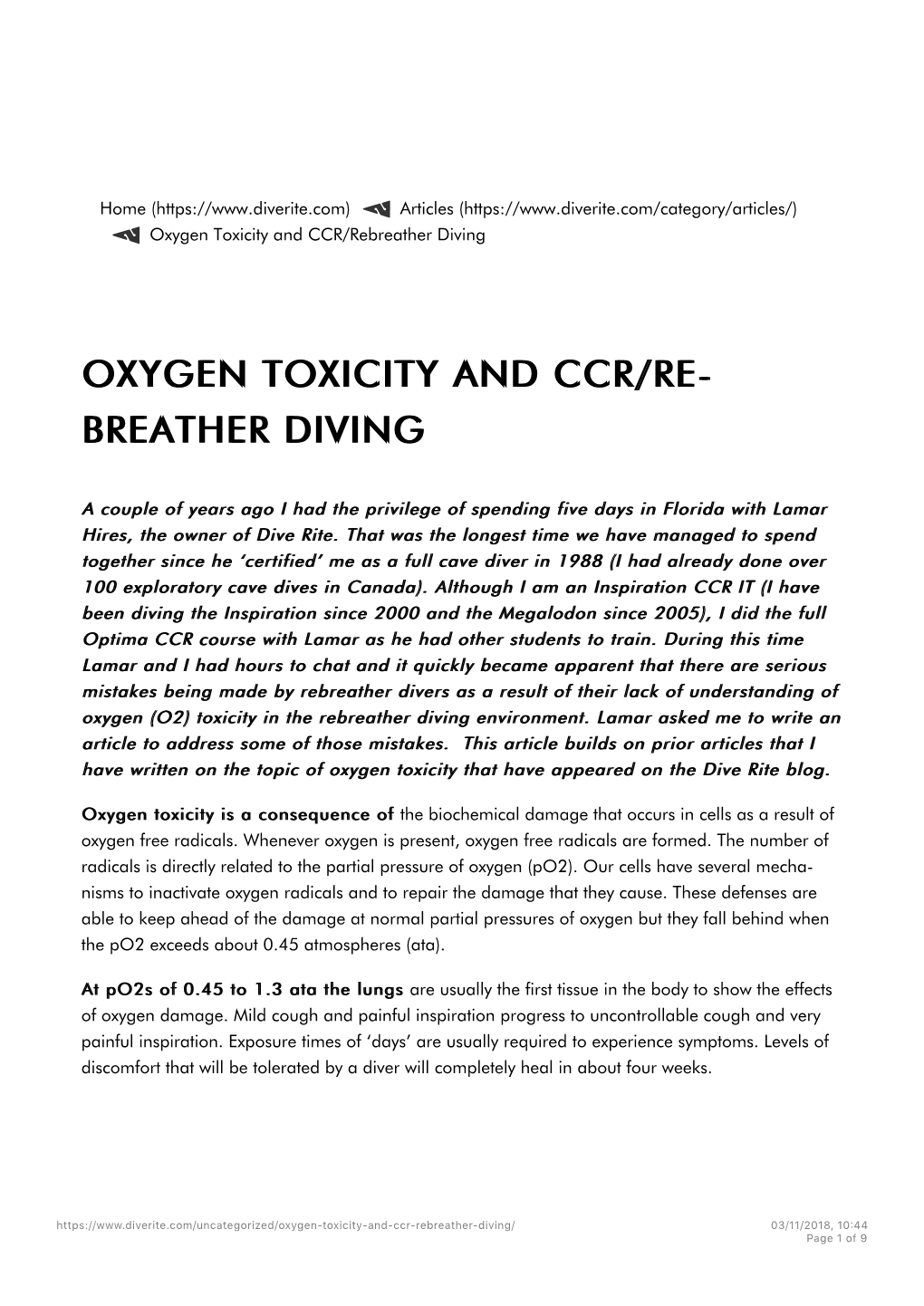 Oxygen Toxicity and CCR/Rebreather Diving