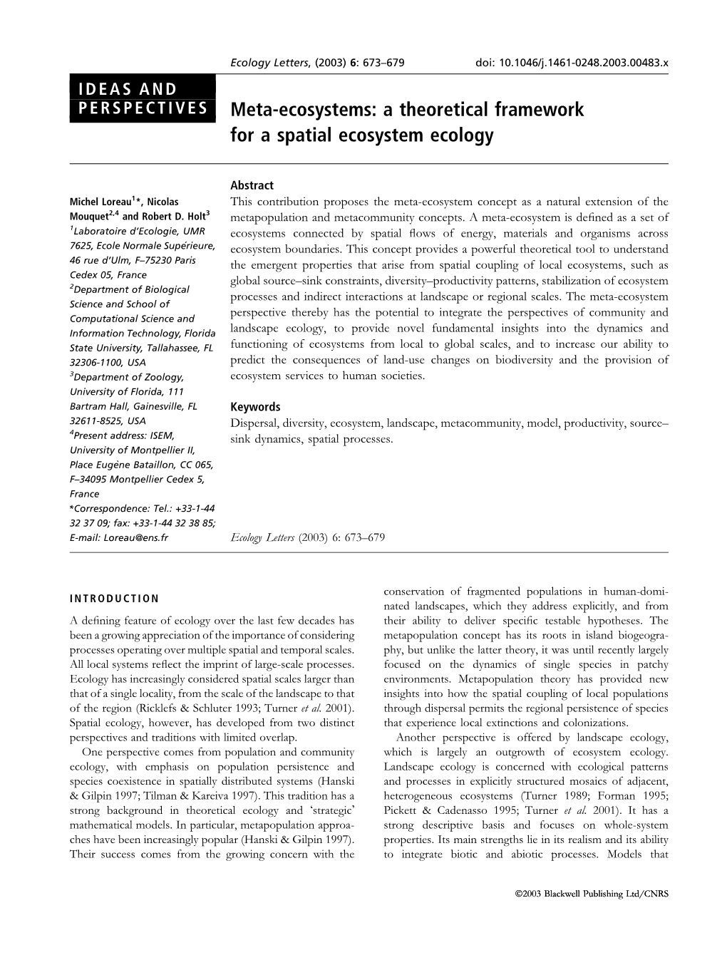 Meta-Ecosystems: a Theoretical Framework for a Spatial Ecosystem Ecology