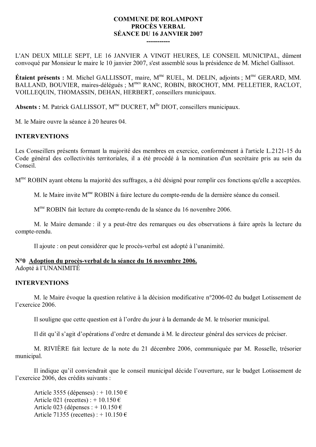 Commune De Rolampont Procès Verbal Séance Du 16 Janvier 2007