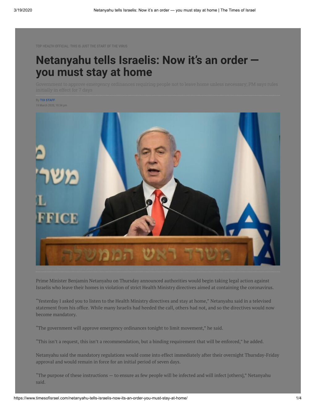 Netanyahu Tells Israelis: Now It’S an Order — You Must Stay at Home | the Times of Israel