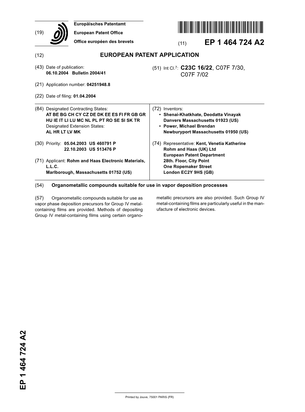 Organometallic Compounds Suitable for Use in Vapor Deposition Processes