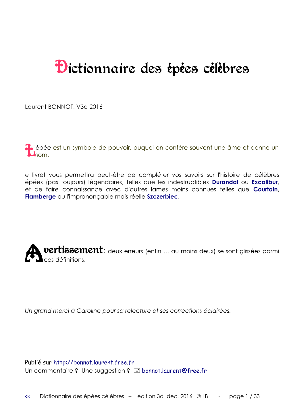 Dictionnaire Des Épées Célèbres