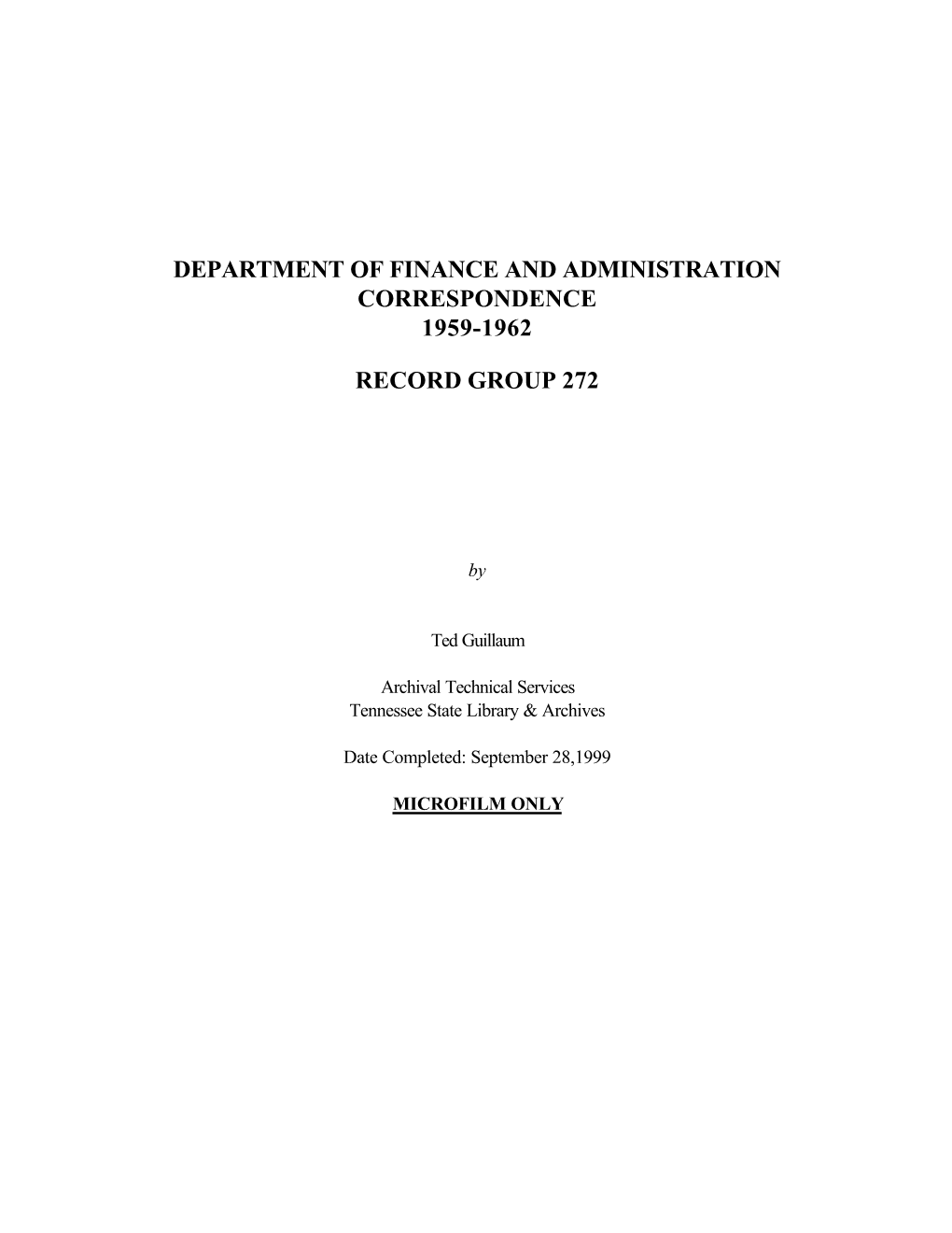 Department of Finance and Administration Correspondence 1959-1962