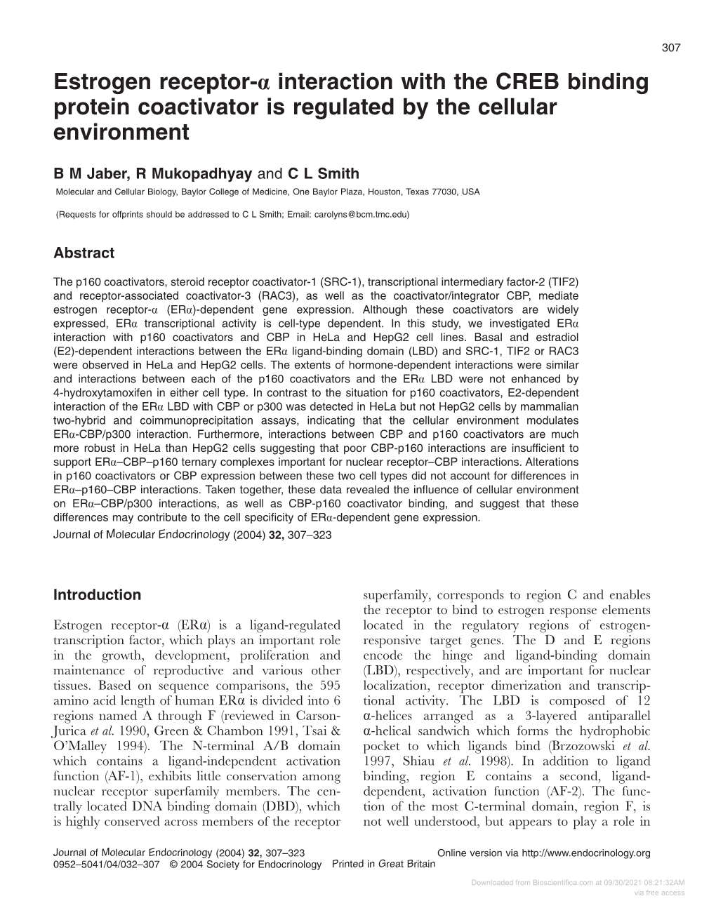 Estrogen Receptor-Α Interaction with the CREB Binding Protein